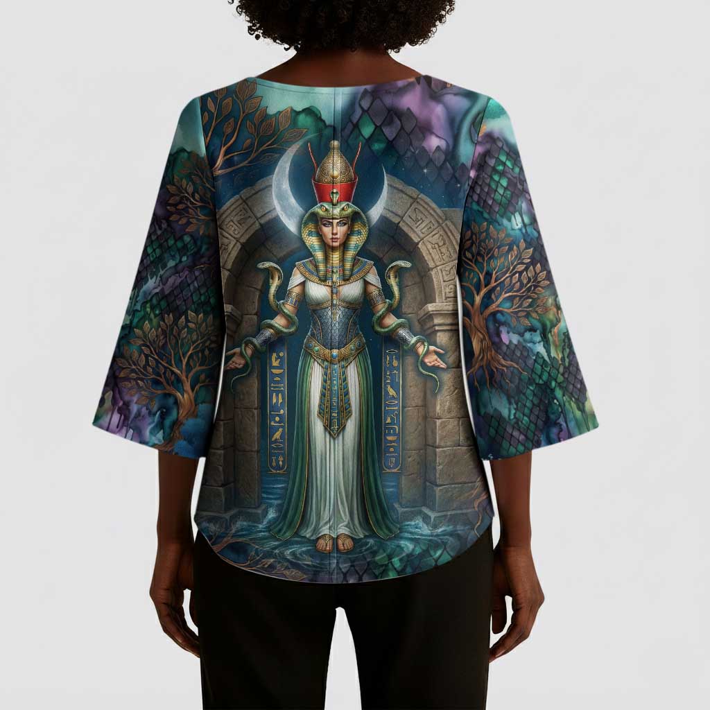Amunet Ancient Temple Egyptian Kimono Sleeve Blouse with Golden Serpent Mythology in Teal Tones
