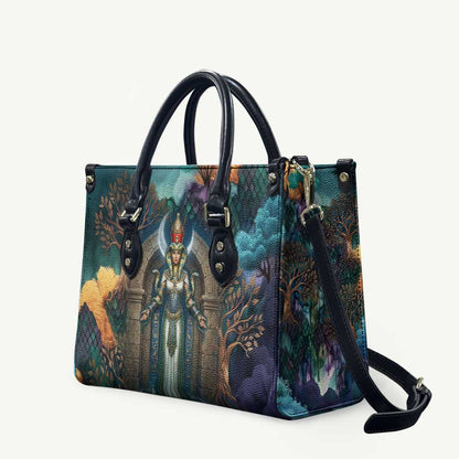 Amunet Ancient Temple Egyptian Leather Bag with Golden Serpent Mythology in Teal Tones