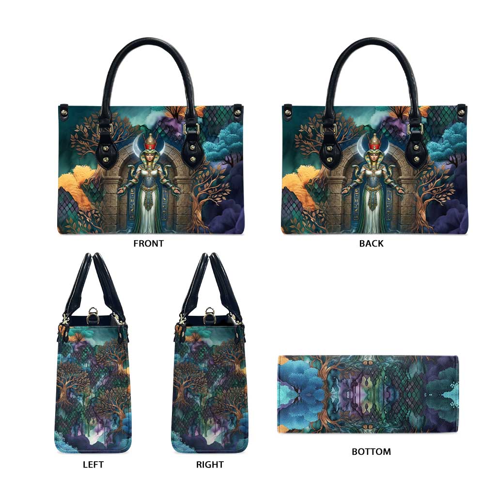Amunet Ancient Temple Egyptian Leather Bag with Golden Serpent Mythology in Teal Tones