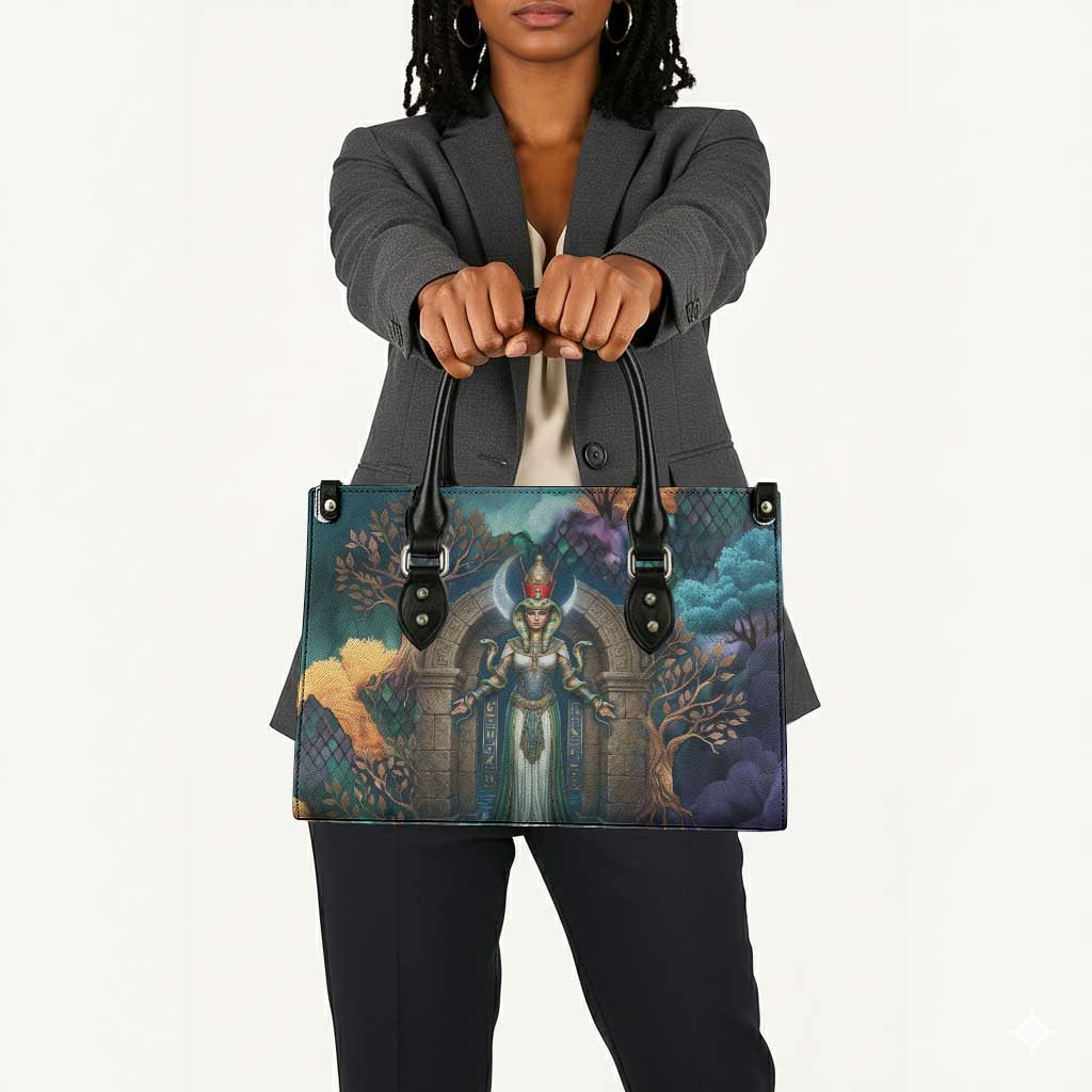 Amunet Ancient Temple Egyptian Leather Bag with Golden Serpent Mythology in Teal Tones