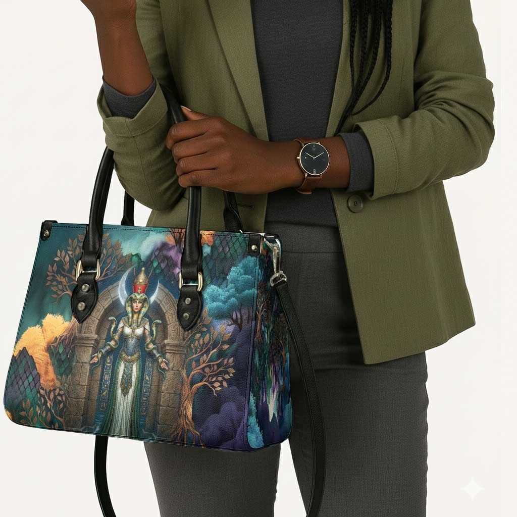 Amunet Ancient Temple Egyptian Leather Bag with Golden Serpent Mythology in Teal Tones