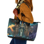 Amunet Ancient Temple Egyptian Leather Tote Bag with Golden Serpent Mythology in Teal Tones