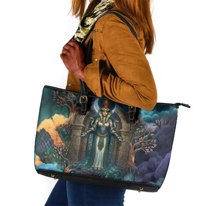Amunet Ancient Temple Egyptian Leather Tote Bag with Golden Serpent Mythology in Teal Tones