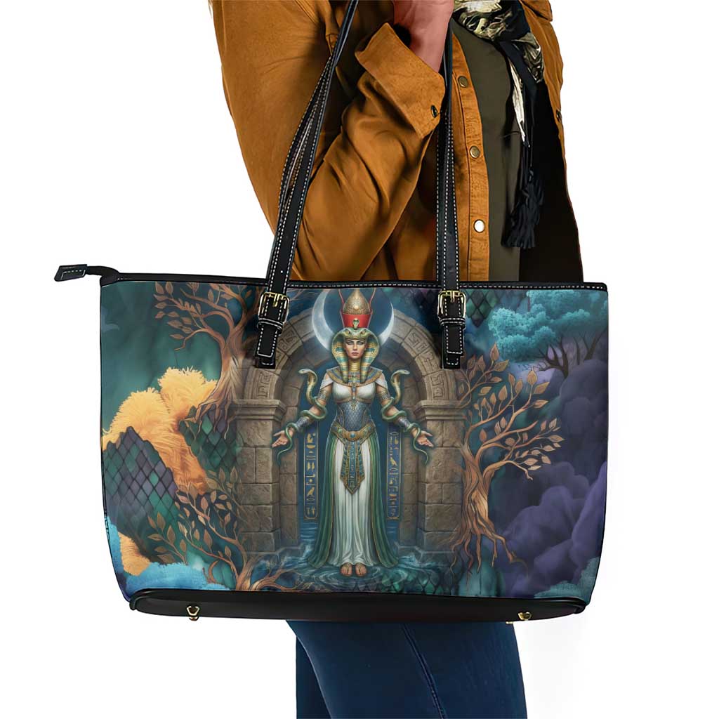Amunet Ancient Temple Egyptian Leather Tote Bag with Golden Serpent Mythology in Teal Tones