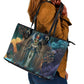 Amunet Ancient Temple Egyptian Leather Tote Bag with Golden Serpent Mythology in Teal Tones