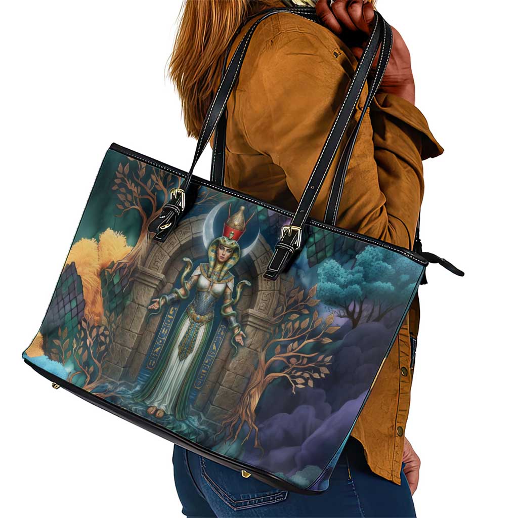 Amunet Ancient Temple Egyptian Leather Tote Bag with Golden Serpent Mythology in Teal Tones