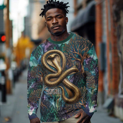 Amunet Ancient Temple Egyptian Long Sleeve Shirt with Golden Serpent Mythology in Teal Tones