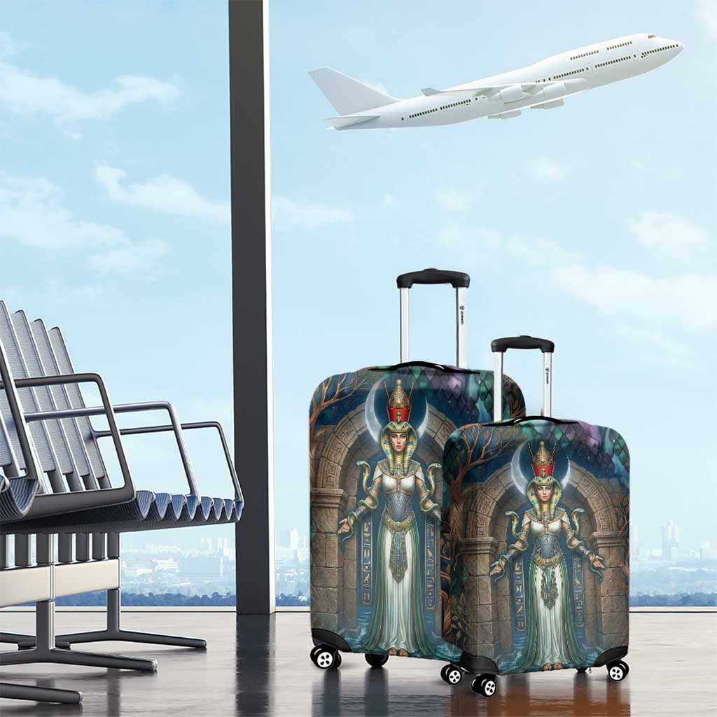 Amunet Ancient Temple Egyptian Luggage Cover with Golden Serpent Mythology in Teal Tones