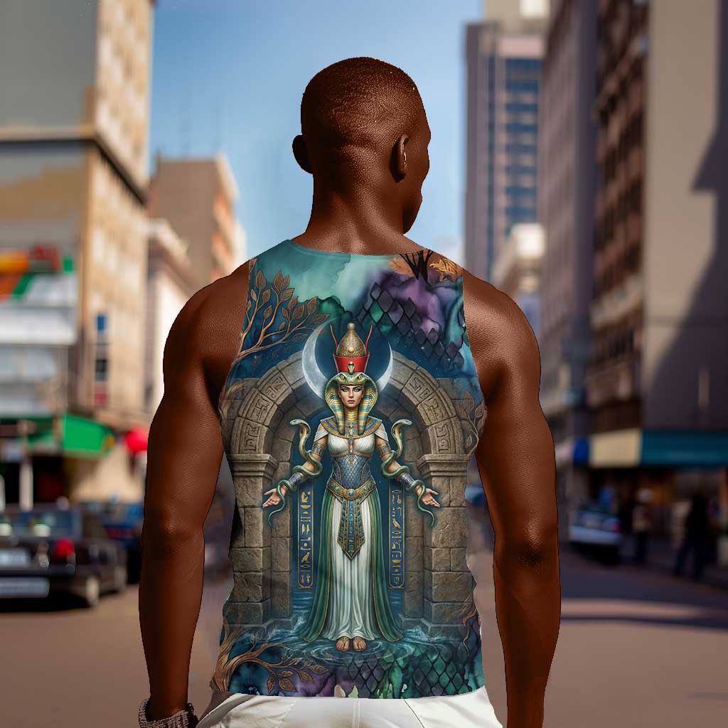 Amunet Ancient Temple Egyptian Men Tank Top with Golden Serpent Mythology in Teal Tones