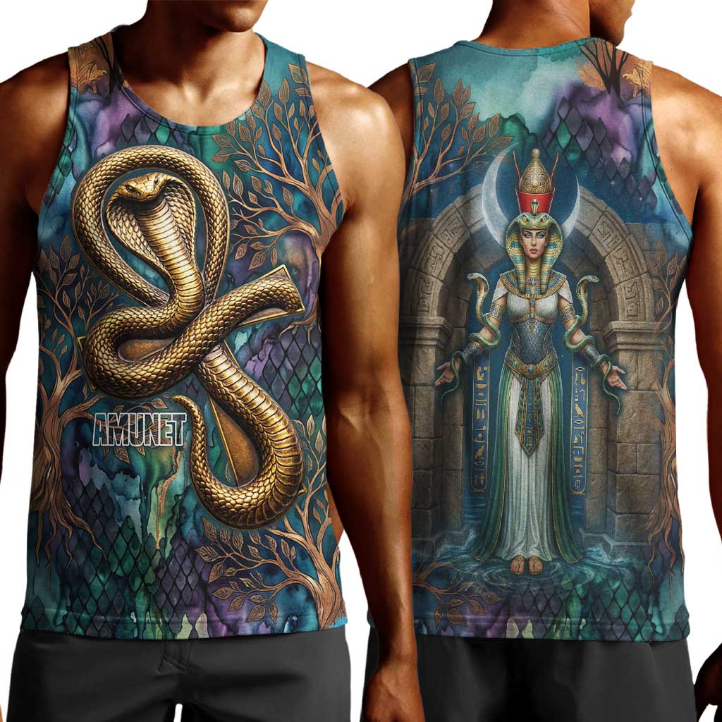 Amunet Ancient Temple Egyptian Men Tank Top with Golden Serpent Mythology in Teal Tones