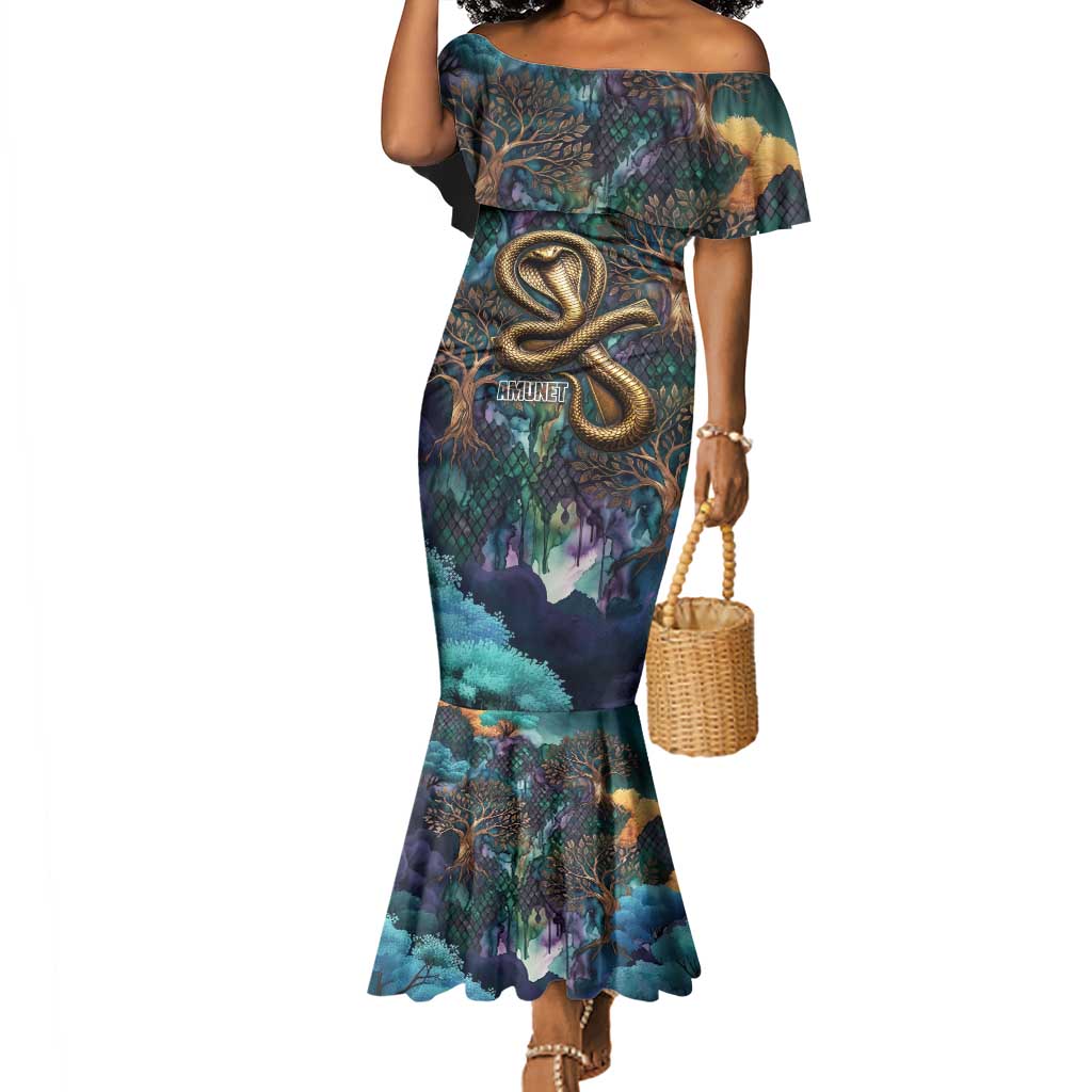 Amunet Ancient Temple Egyptian Mermaid Dress with Golden Serpent Mythology in Teal Tones