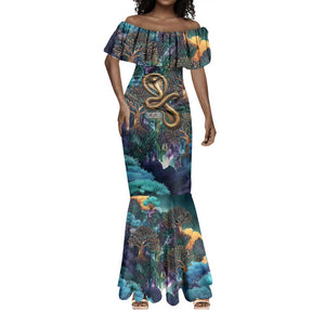 Amunet Ancient Temple Egyptian Mermaid Dress with Golden Serpent Mythology in Teal Tones