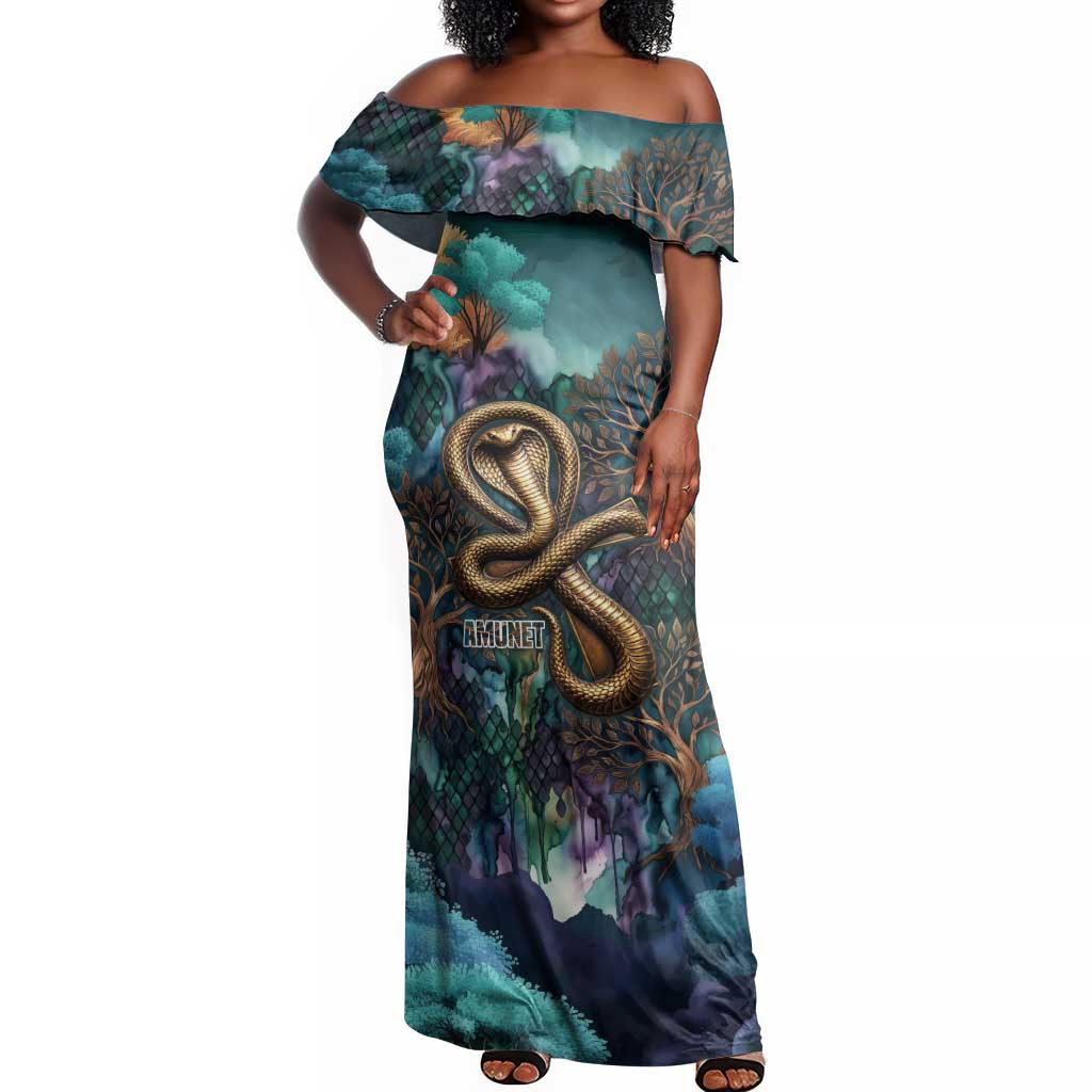 Amunet Ancient Temple Egyptian Off Shoulder Maxi Dress with Golden Serpent Mythology in Teal Tones