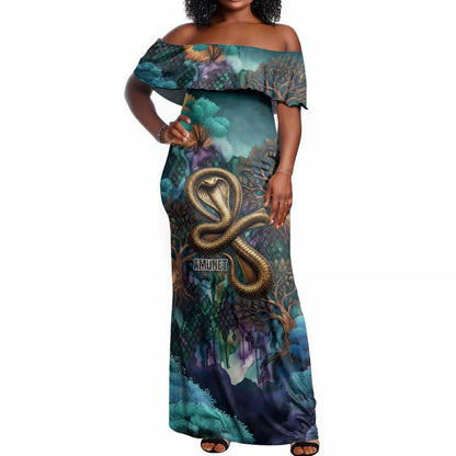 Amunet Ancient Temple Egyptian Off Shoulder Maxi Dress with Golden Serpent Mythology in Teal Tones