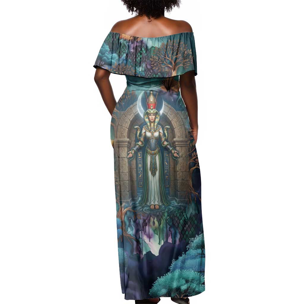 Amunet Ancient Temple Egyptian Off Shoulder Maxi Dress with Golden Serpent Mythology in Teal Tones