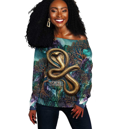 Amunet Ancient Temple Egyptian Off Shoulder Sweater with Golden Serpent Mythology in Teal Tones