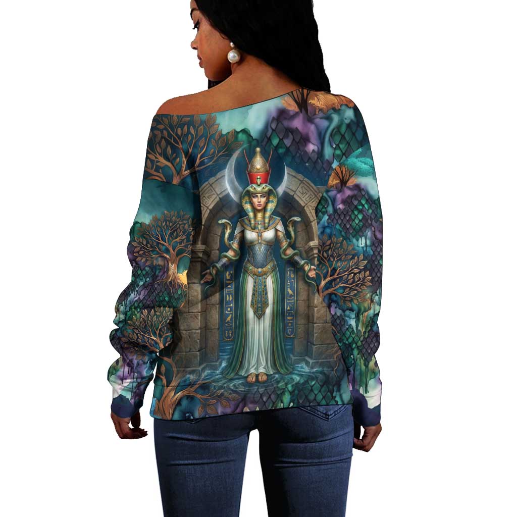 Amunet Ancient Temple Egyptian Off Shoulder Sweater with Golden Serpent Mythology in Teal Tones