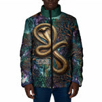 Amunet Ancient Temple Egyptian Padded Jacket with Golden Serpent Mythology in Teal Tones