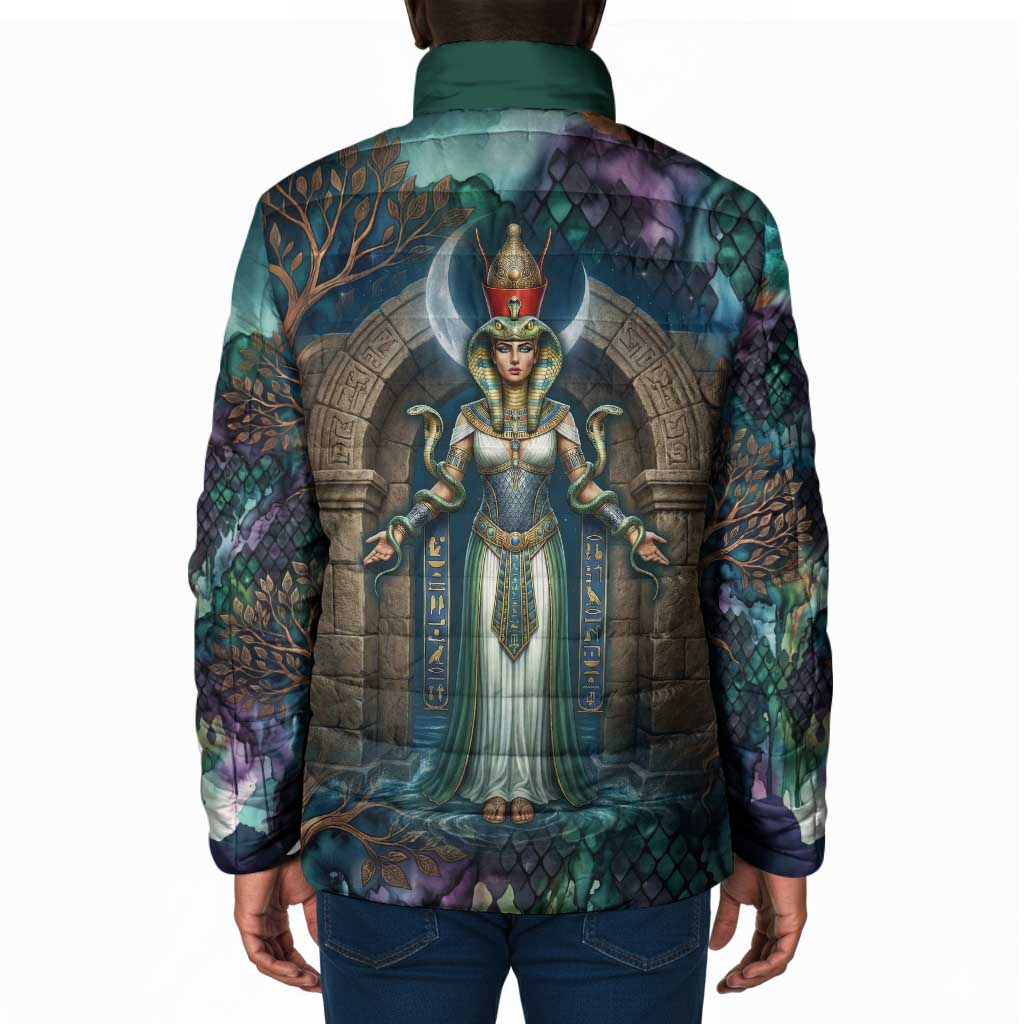 Amunet Ancient Temple Egyptian Padded Jacket with Golden Serpent Mythology in Teal Tones