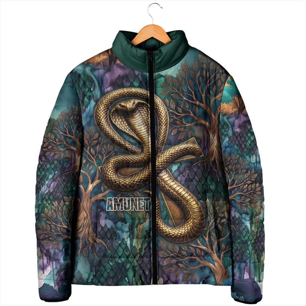 Amunet Ancient Temple Egyptian Padded Jacket with Golden Serpent Mythology in Teal Tones
