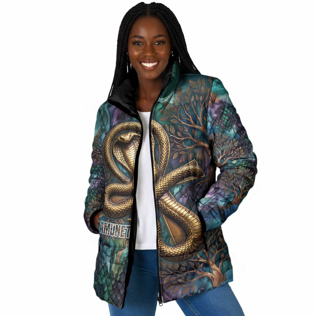 Amunet Ancient Temple Egyptian Padded Jacket with Golden Serpent Mythology in Teal Tones