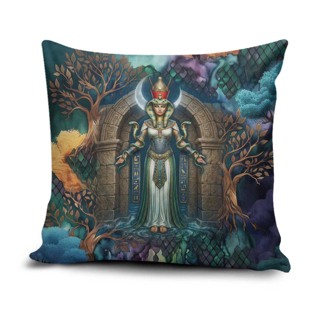 Amunet Ancient Temple Egyptian Pillow Cover with Golden Serpent Mythology in Teal Tones