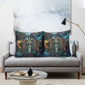 Amunet Ancient Temple Egyptian Pillow Cover with Golden Serpent Mythology in Teal Tones