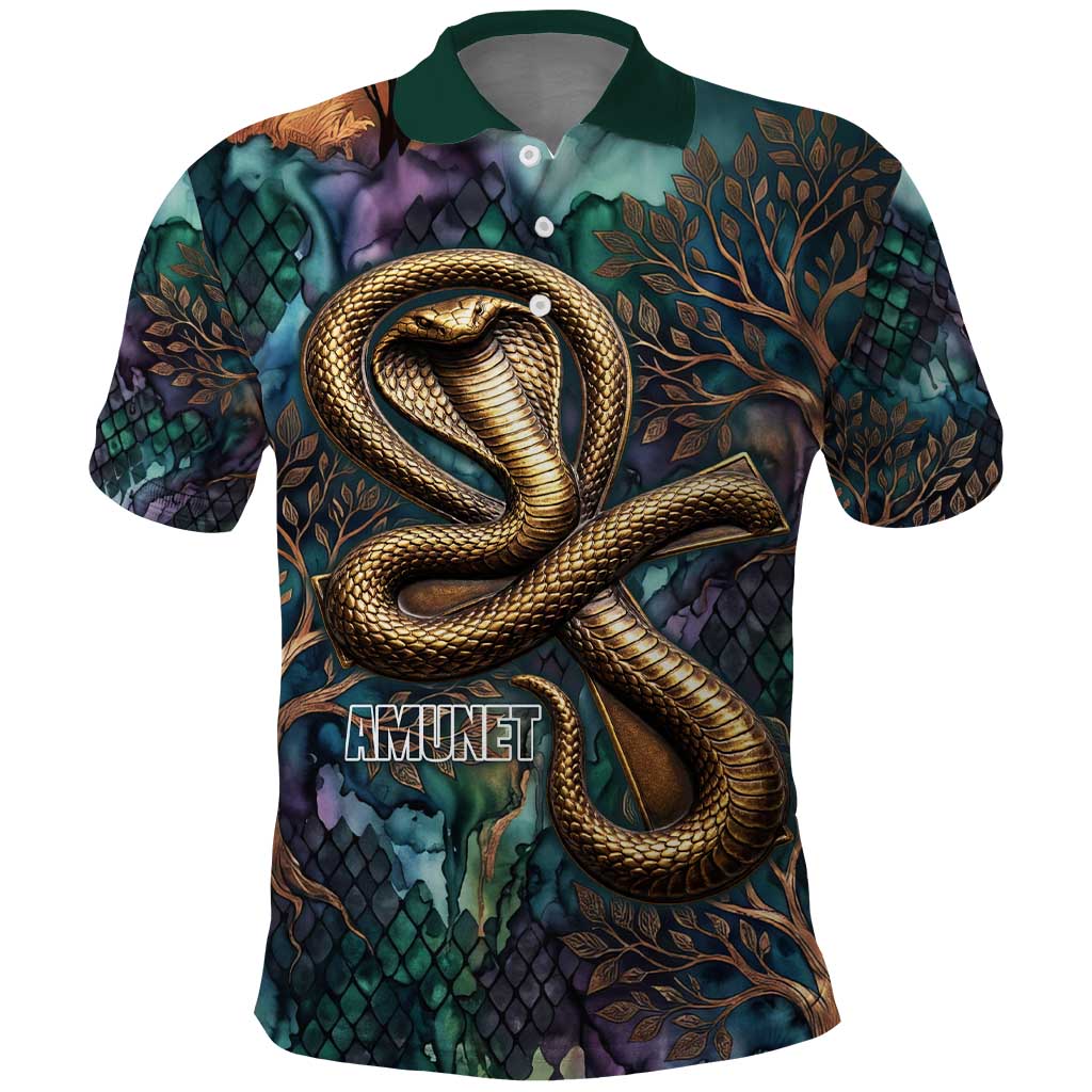 Amunet Ancient Temple Egyptian Polo Shirt with Golden Serpent Mythology in Teal Tones