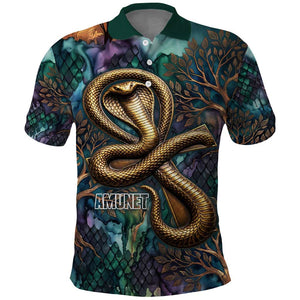 Amunet Ancient Temple Egyptian Polo Shirt with Golden Serpent Mythology in Teal Tones