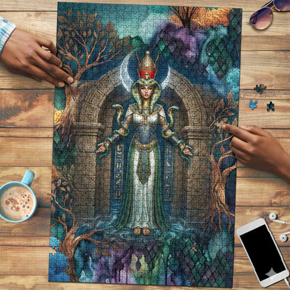 Amunet Ancient Temple Egyptian Puzzle with Golden Serpent Mythology in Teal Tones
