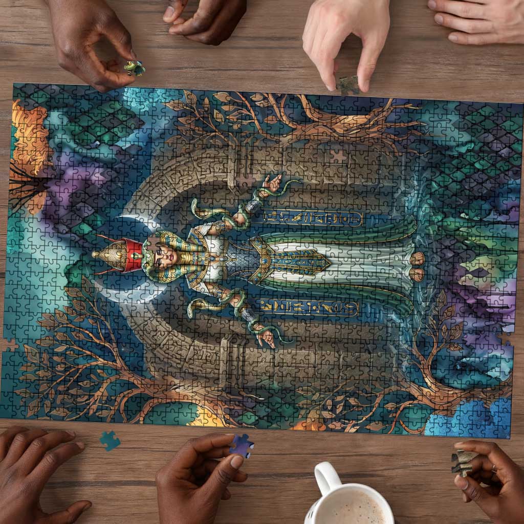 Amunet Ancient Temple Egyptian Puzzle with Golden Serpent Mythology in Teal Tones