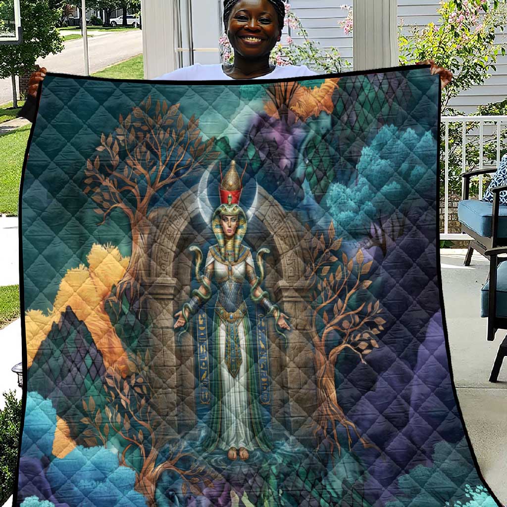 Amunet Ancient Temple Egyptian Quilt with Golden Serpent Mythology in Teal Tones