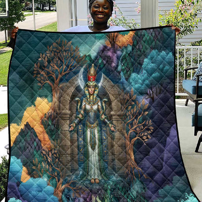 Amunet Ancient Temple Egyptian Quilt with Golden Serpent Mythology in Teal Tones