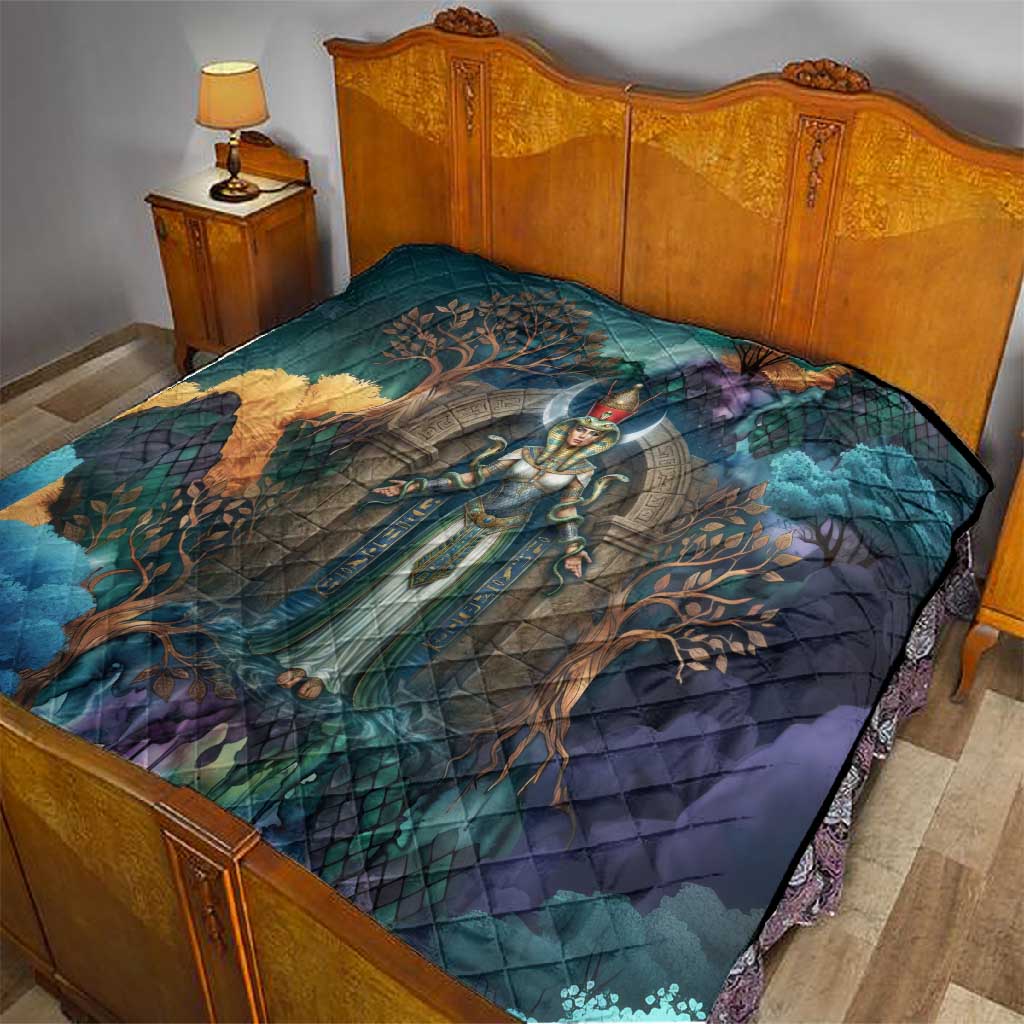 Amunet Ancient Temple Egyptian Quilt with Golden Serpent Mythology in Teal Tones