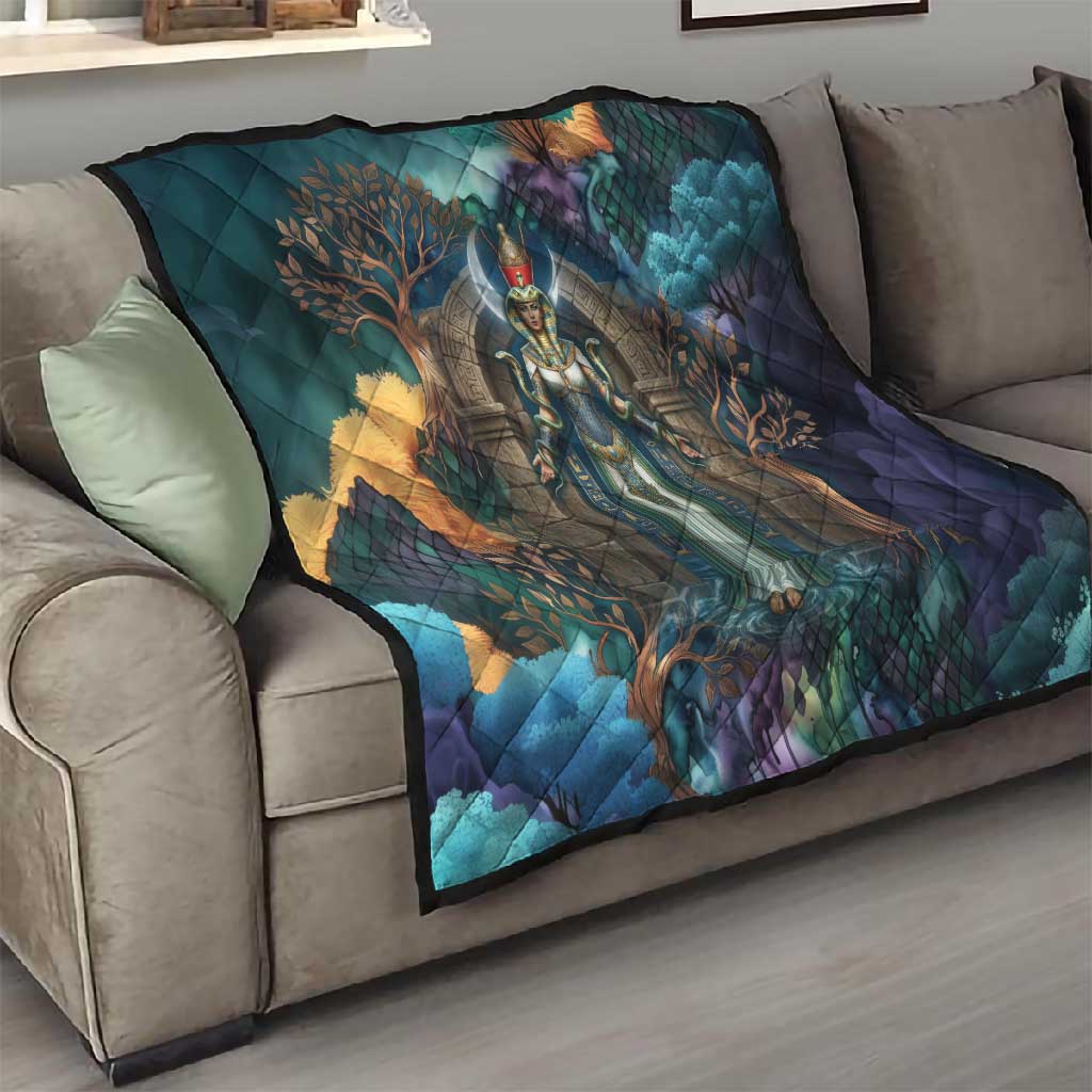 Amunet Ancient Temple Egyptian Quilt with Golden Serpent Mythology in Teal Tones