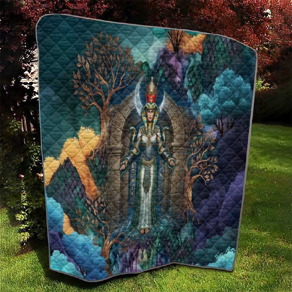 Amunet Ancient Temple Egyptian Quilt with Golden Serpent Mythology in Teal Tones
