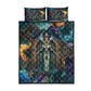 Amunet Ancient Temple Egyptian Quilt Bed Set with Golden Serpent Mythology in Teal Tones