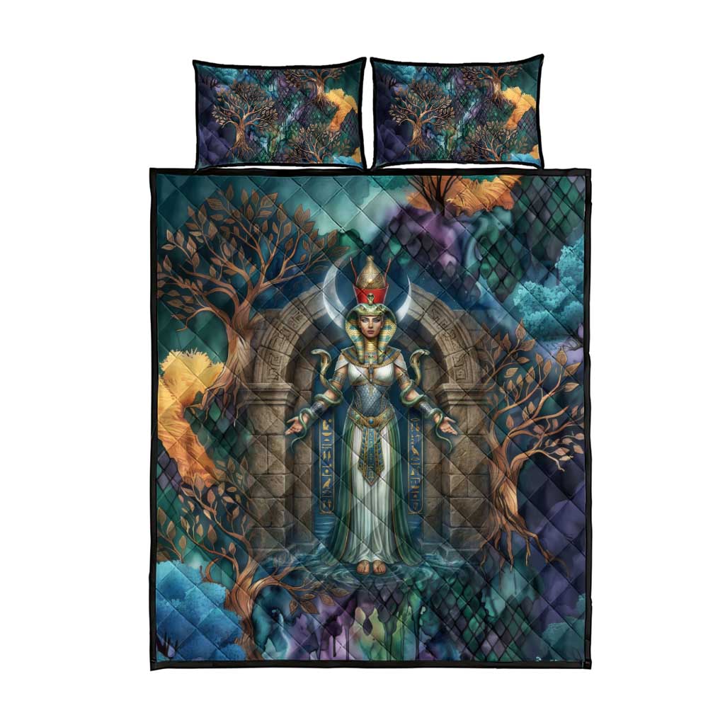 Amunet Ancient Temple Egyptian Quilt Bed Set with Golden Serpent Mythology in Teal Tones