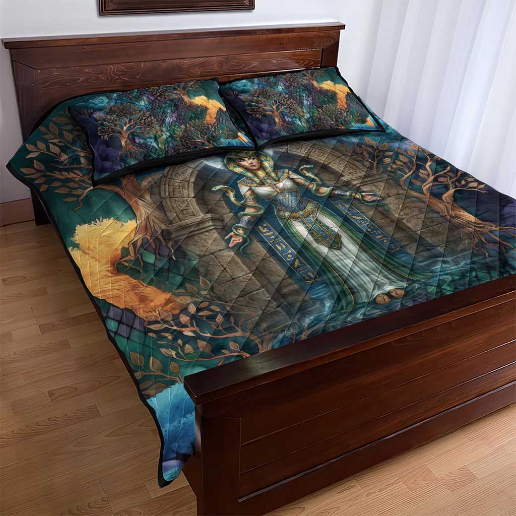 Amunet Ancient Temple Egyptian Quilt Bed Set with Golden Serpent Mythology in Teal Tones