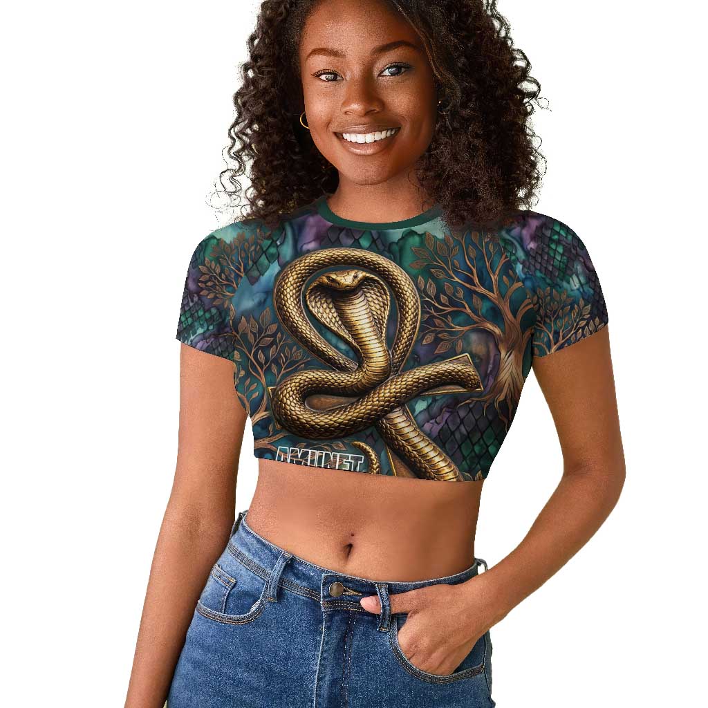 Amunet Ancient Temple Egyptian Raglan Cropped T shirt with Golden Serpent Mythology in Teal Tones