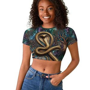 Amunet Ancient Temple Egyptian Raglan Cropped T shirt with Golden Serpent Mythology in Teal Tones