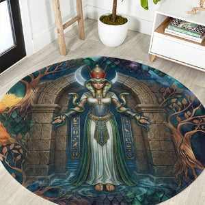 Amunet Ancient Temple Egyptian Round Carpet with Golden Serpent Mythology in Teal Tones