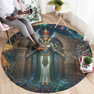 Amunet Ancient Temple Egyptian Round Carpet with Golden Serpent Mythology in Teal Tones