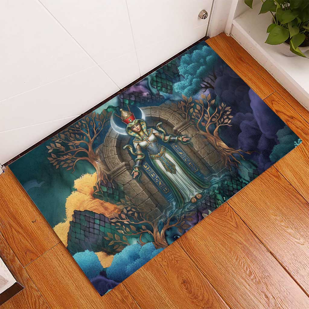 Amunet Ancient Temple Egyptian Rubber Doormat with Golden Serpent Mythology in Teal Tones