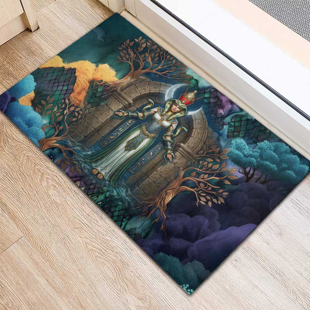 Amunet Ancient Temple Egyptian Rubber Doormat with Golden Serpent Mythology in Teal Tones