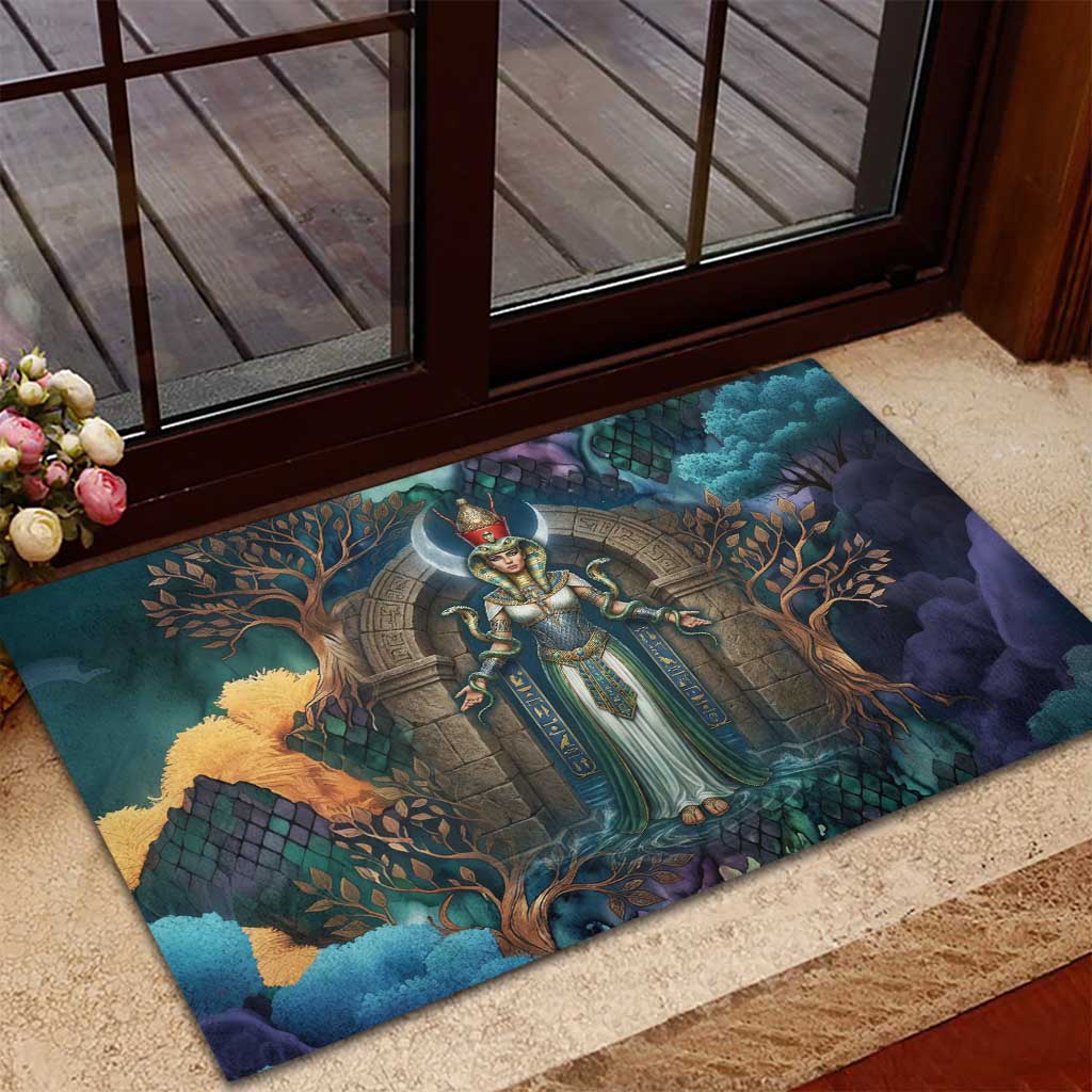 Amunet Ancient Temple Egyptian Rubber Doormat with Golden Serpent Mythology in Teal Tones