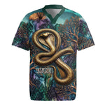 Amunet Ancient Temple Egyptian Rugby Jersey with Golden Serpent Mythology in Teal Tones