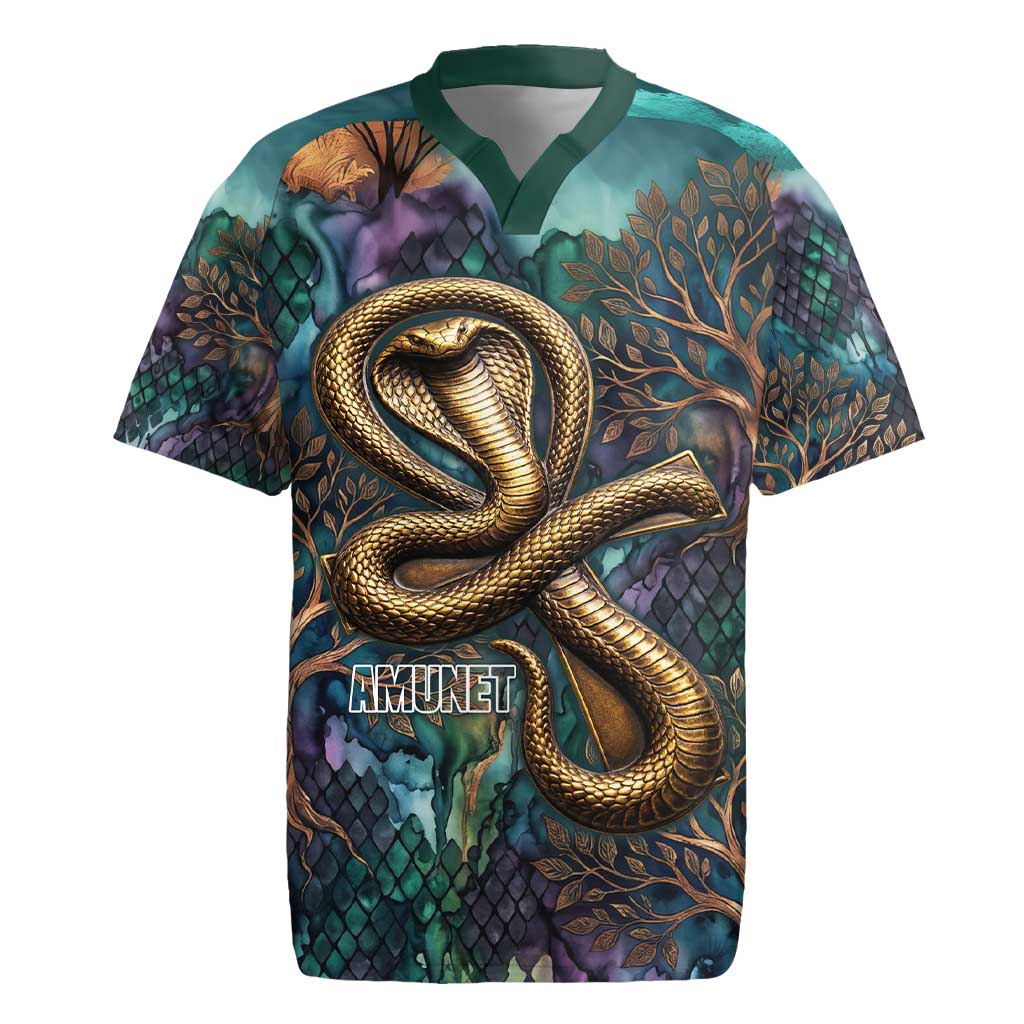 Amunet Ancient Temple Egyptian Rugby Jersey with Golden Serpent Mythology in Teal Tones