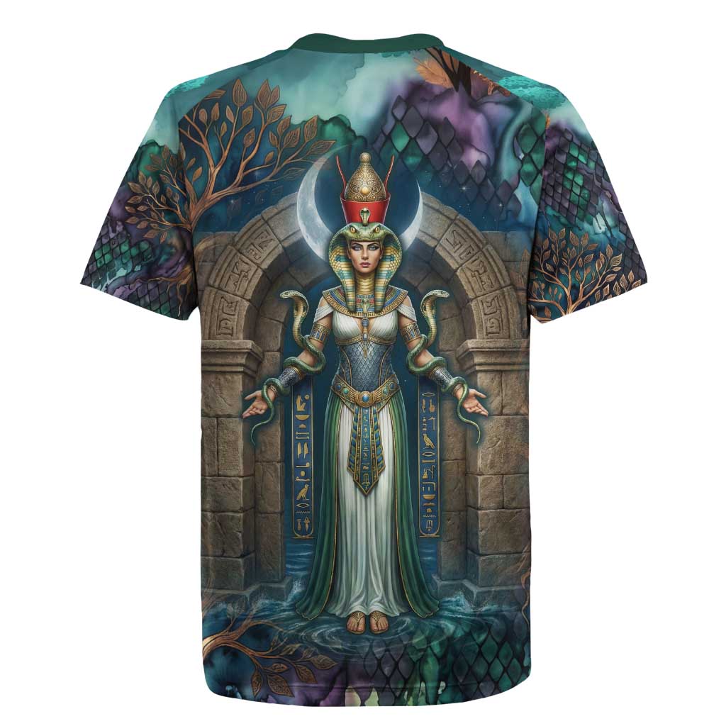 Amunet Ancient Temple Egyptian Rugby Jersey with Golden Serpent Mythology in Teal Tones