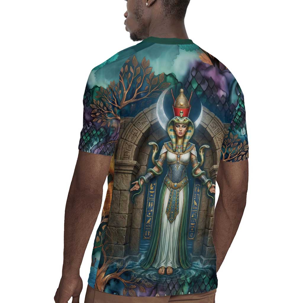 Amunet Ancient Temple Egyptian Rugby Jersey with Golden Serpent Mythology in Teal Tones